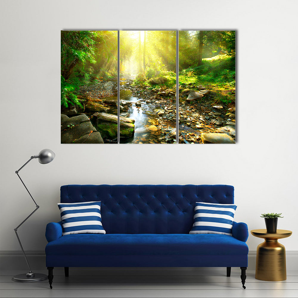 The Scenery Of The Tranquil River Beside The Mountain River In The Green Forest, Multi Panel Canvas Wall Art