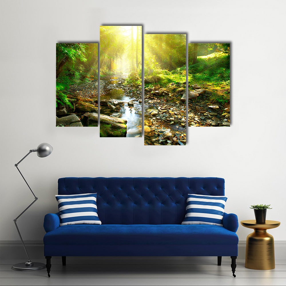 The Scenery Of The Tranquil River Beside The Mountain River In The Green Forest, Multi Panel Canvas Wall Art