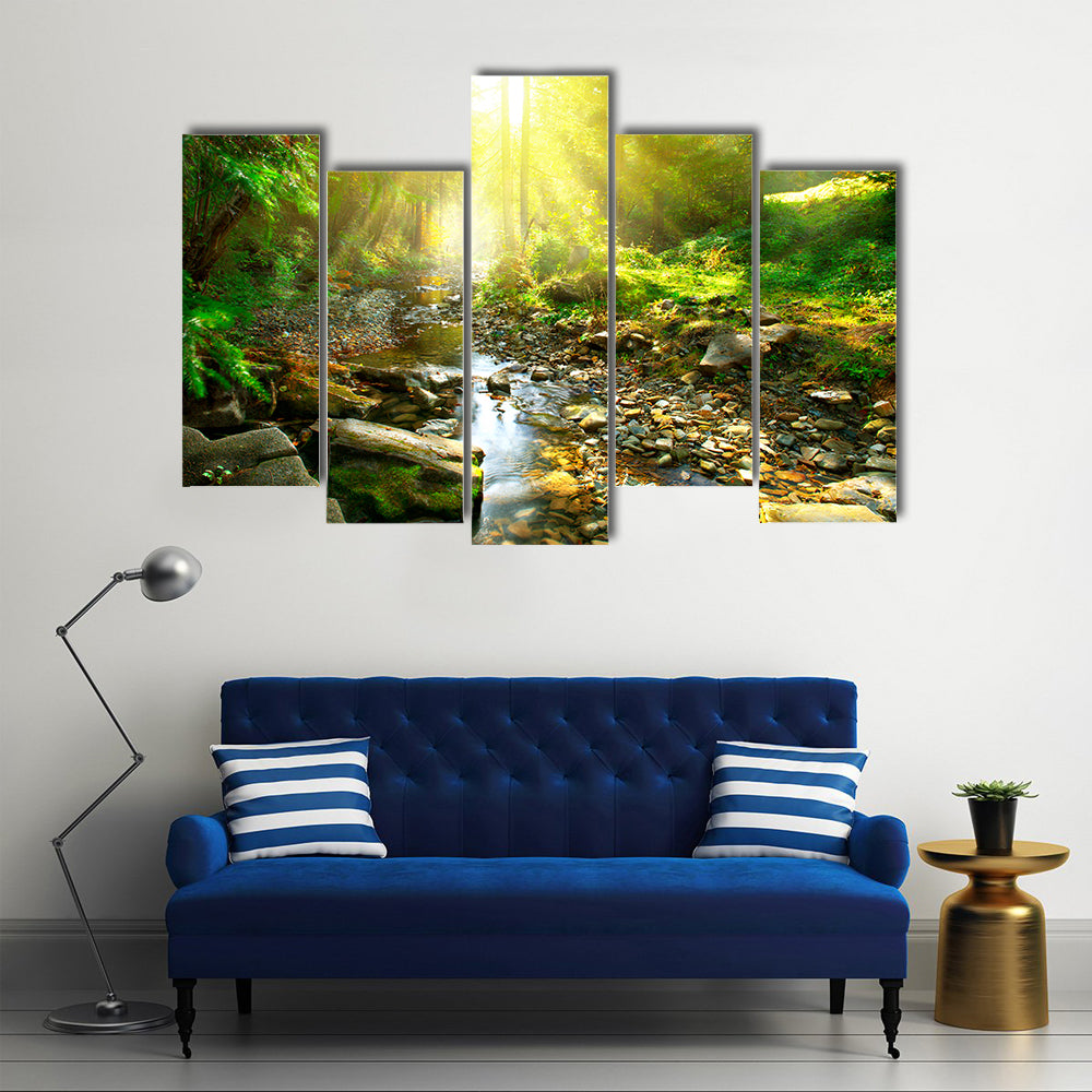 The Scenery Of The Tranquil River Beside The Mountain River In The Green Forest, Multi Panel Canvas Wall Art