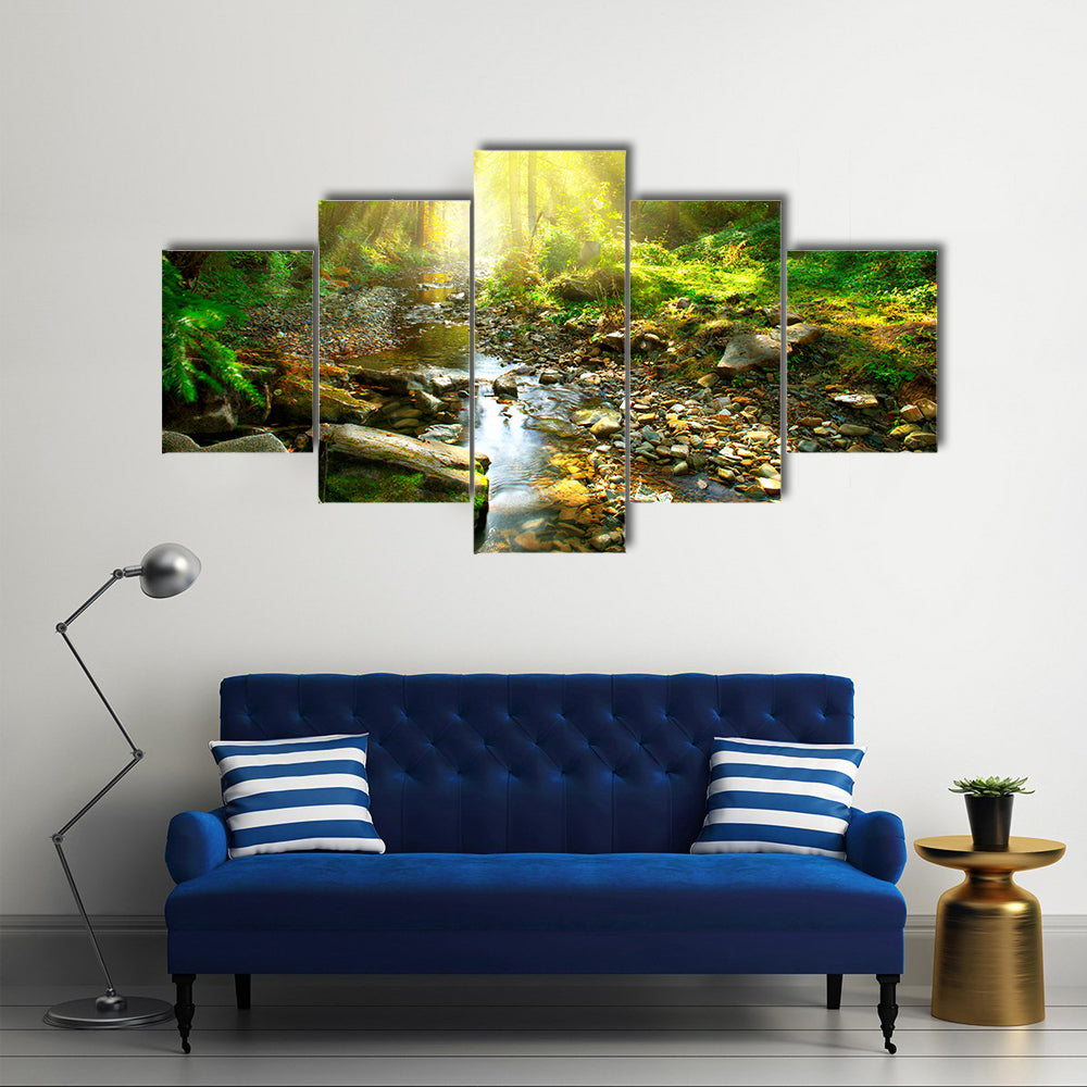 The Scenery Of The Tranquil River Beside The Mountain River In The Green Forest, Multi Panel Canvas Wall Art
