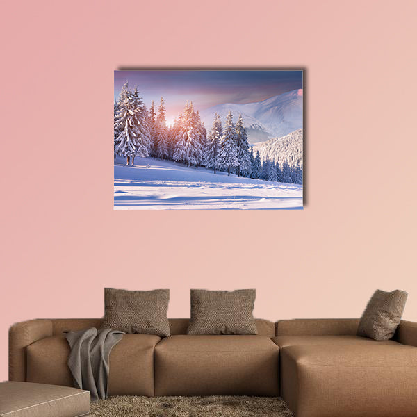Colorful winter sunrise in the snowy mountains multi panel canvas wall art