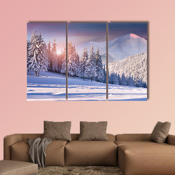 Colorful winter sunrise in the snowy mountains multi panel canvas wall art