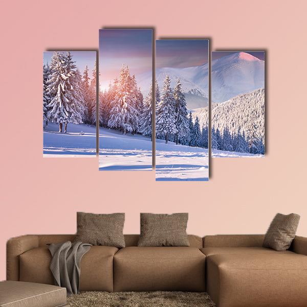 Colorful winter sunrise in the snowy mountains multi panel canvas wall art