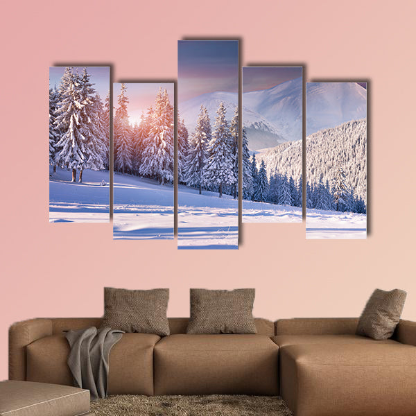 Colorful winter sunrise in the snowy mountains multi panel canvas wall art