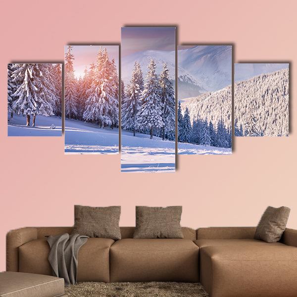 Colorful winter sunrise in the snowy mountains multi panel canvas wall art