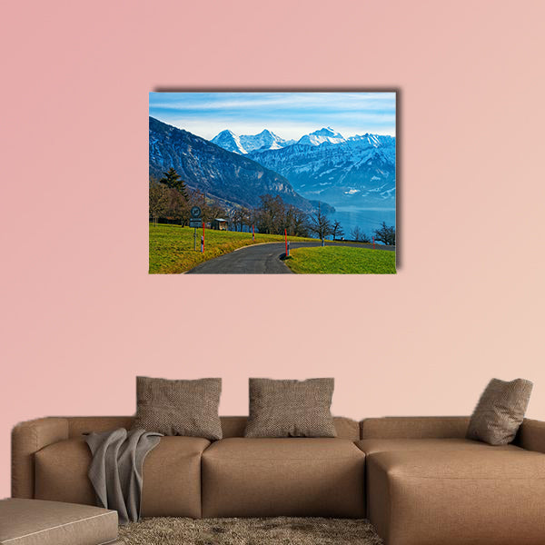 Thun Lake and Jungfrau ridge peaks in Bern highland view canvas wall art