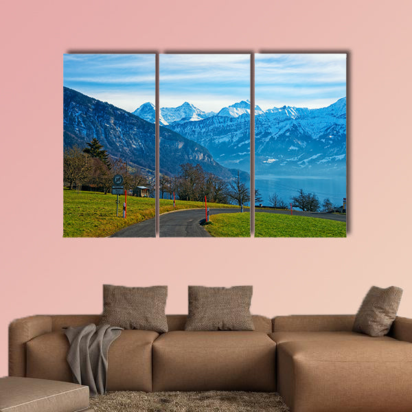 Thun Lake and Jungfrau ridge peaks in Bern highland view canvas wall art