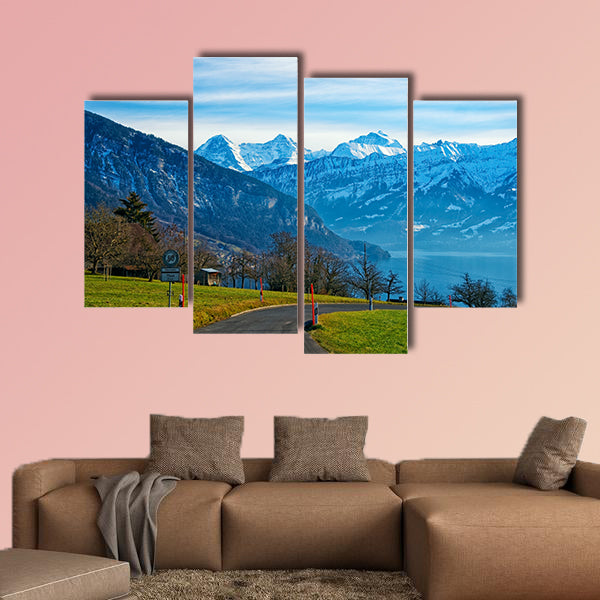 Thun Lake and Jungfrau ridge peaks in Bern highland view canvas wall art
