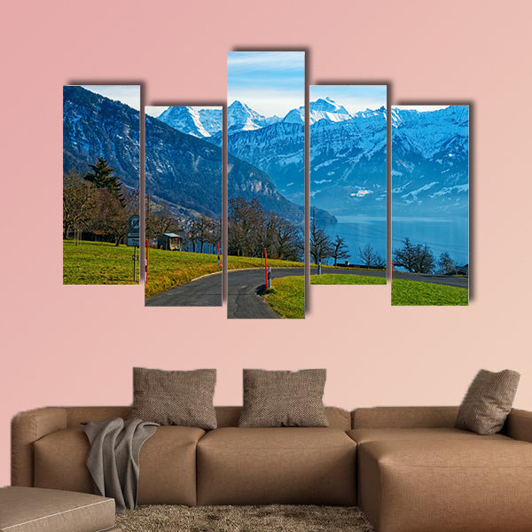 Thun Lake and Jungfrau ridge peaks in Bern highland view canvas wall art