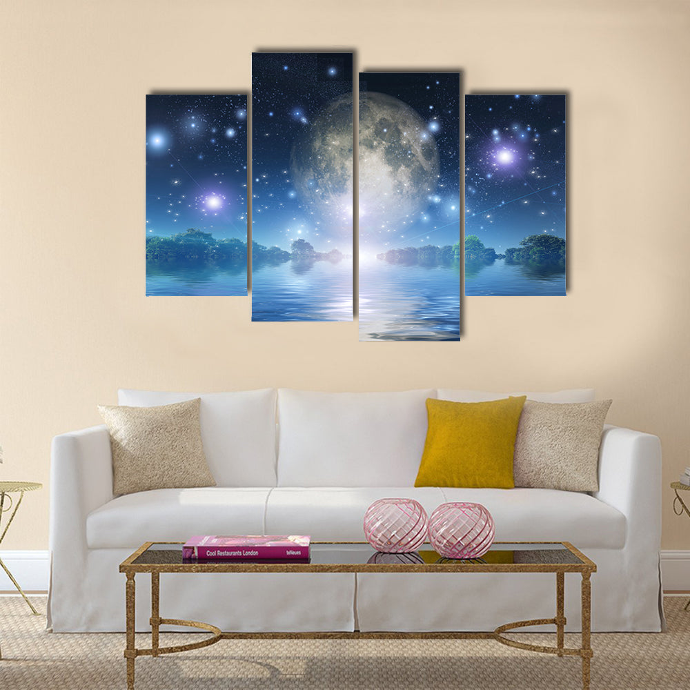 Moonrise over water Multi Panel Canvas Wall Art