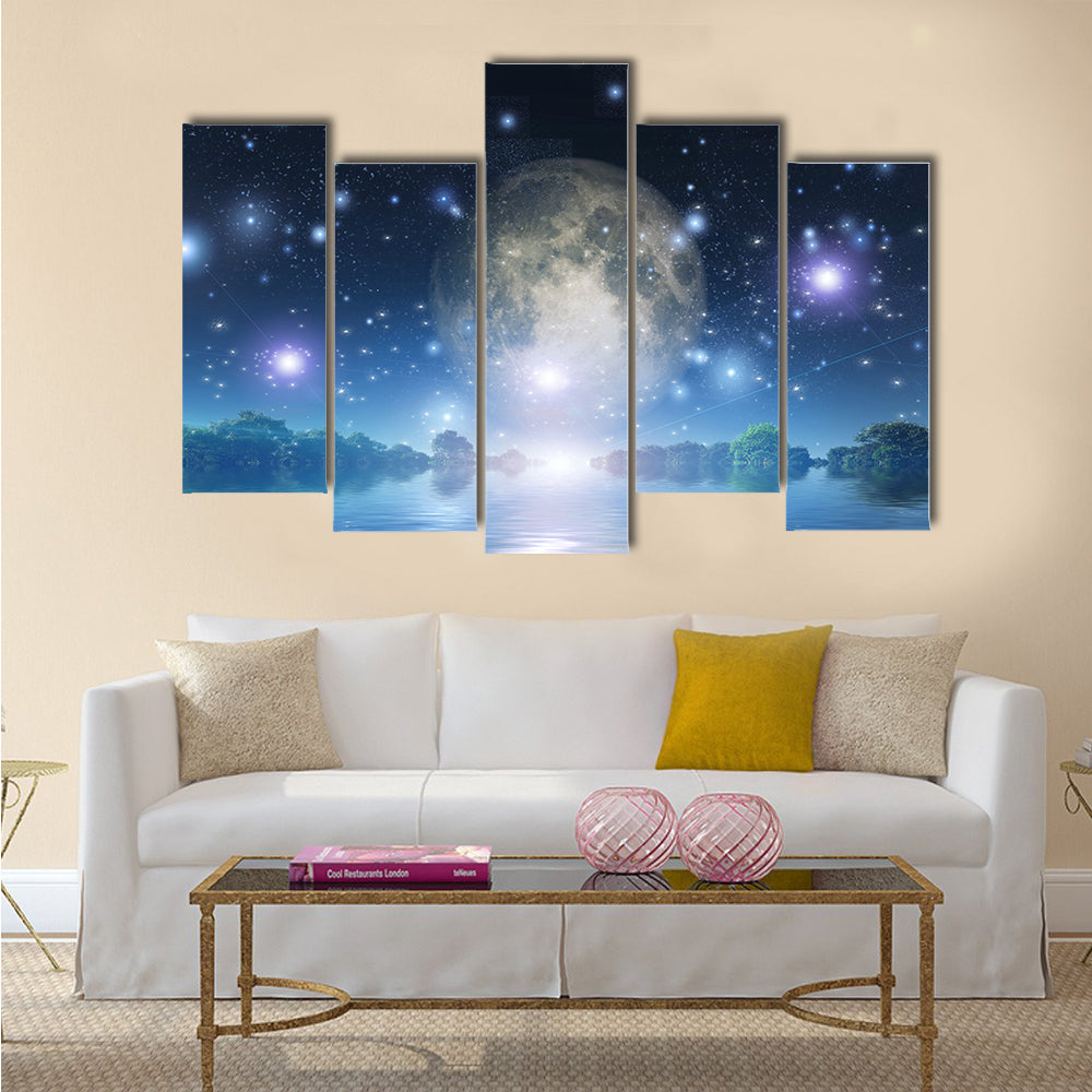 Moonrise over water Multi Panel Canvas Wall Art