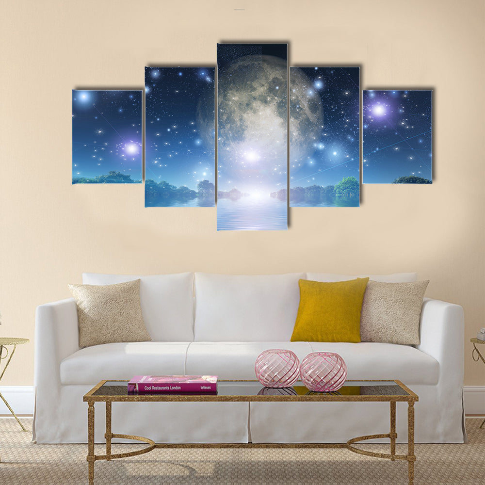 Moonrise over water Multi Panel Canvas Wall Art