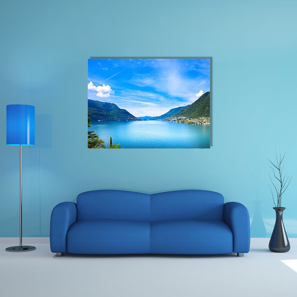 Como Lake landscape Cernobbio village, trees, and water Italy, Europe multi panel canvas wall art