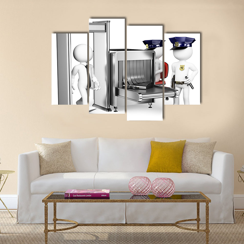 White people of Security control airport access with two policemen near Metal detector Multi panel canvas wall art