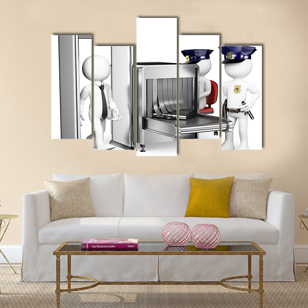 White people of Security control airport access with two policemen near Metal detector Multi panel canvas wall art
