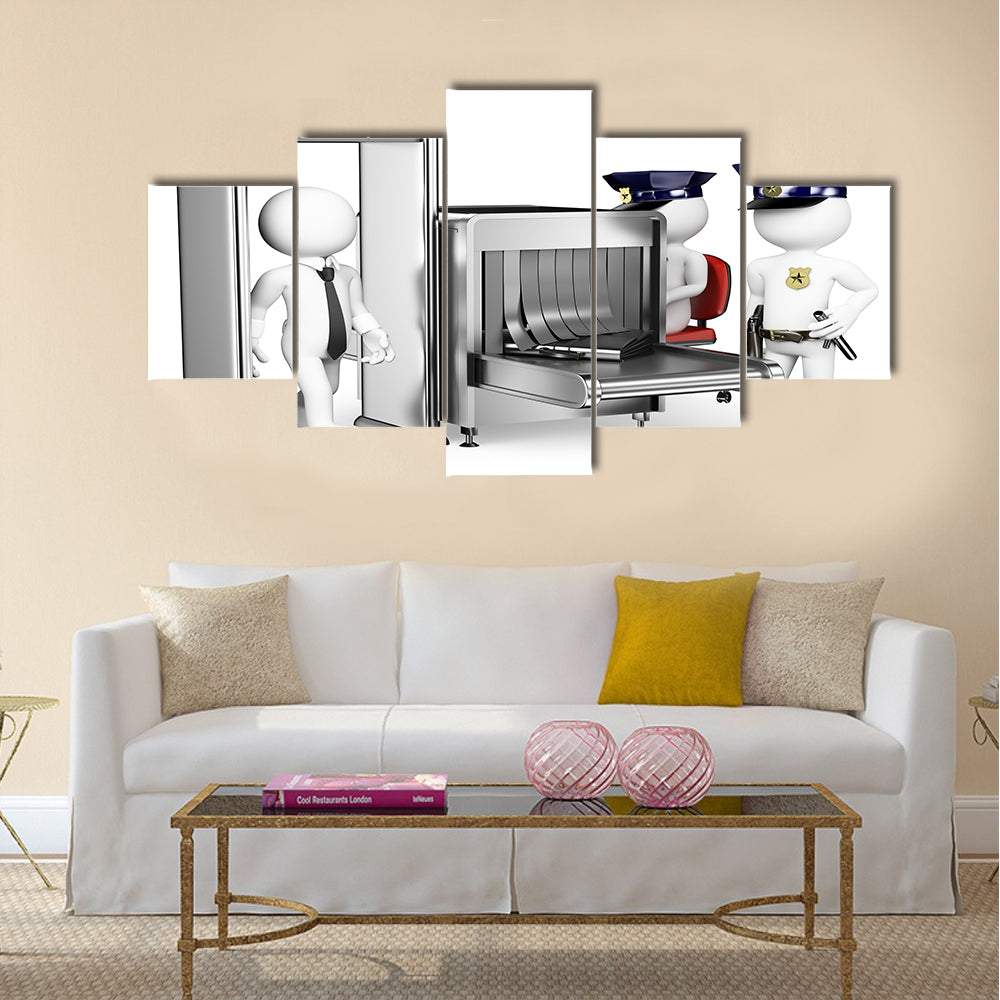 White people of Security control airport access with two policemen near Metal detector Multi panel canvas wall art