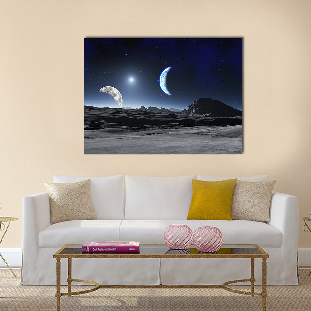 Earth Like Planet with two Moons Multi Panel Canvas Wall Art