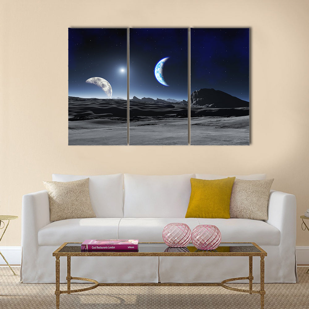 Earth Like Planet with two Moons Multi Panel Canvas Wall Art