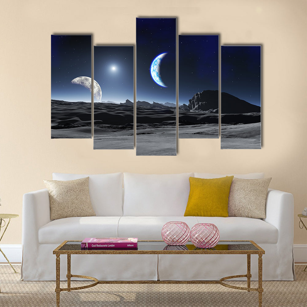 Earth Like Planet with two Moons Multi Panel Canvas Wall Art