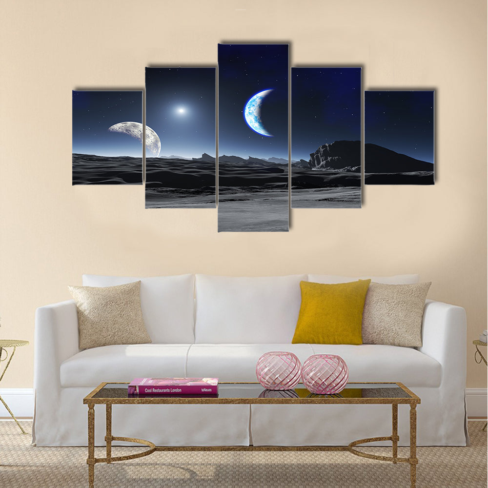 Earth Like Planet with two Moons Multi Panel Canvas Wall Art
