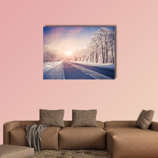 Beautiful winter sunrise on the highway multi panel canvas wall art