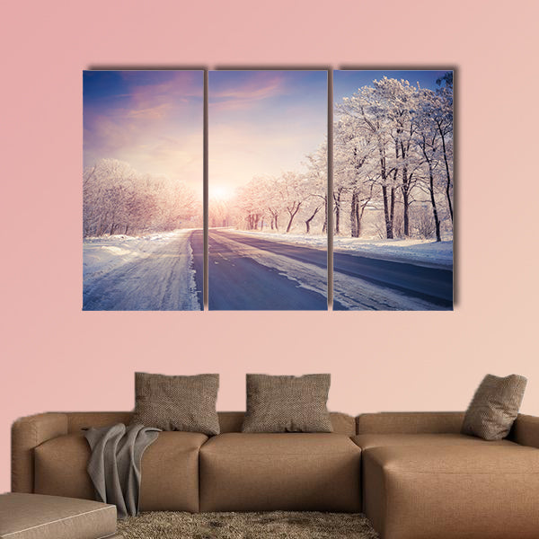 Beautiful winter sunrise on the highway multi panel canvas wall art
