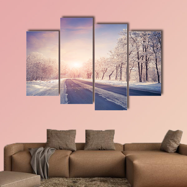 Beautiful winter sunrise on the highway multi panel canvas wall art