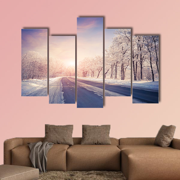 Beautiful winter sunrise on the highway multi panel canvas wall art