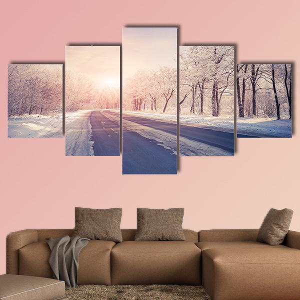 Beautiful winter sunrise on the highway multi panel canvas wall art