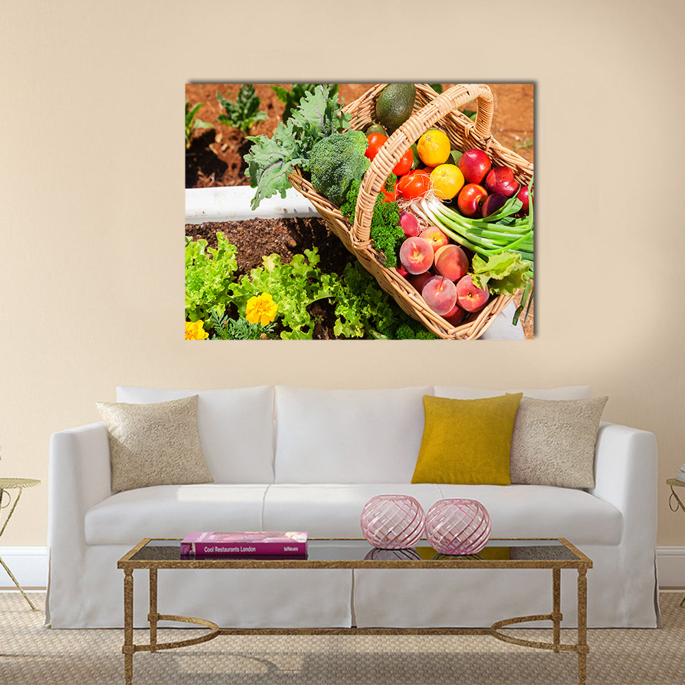 Basket of fresh organic fruit and vegetables in garden Multi panel canvas wall art