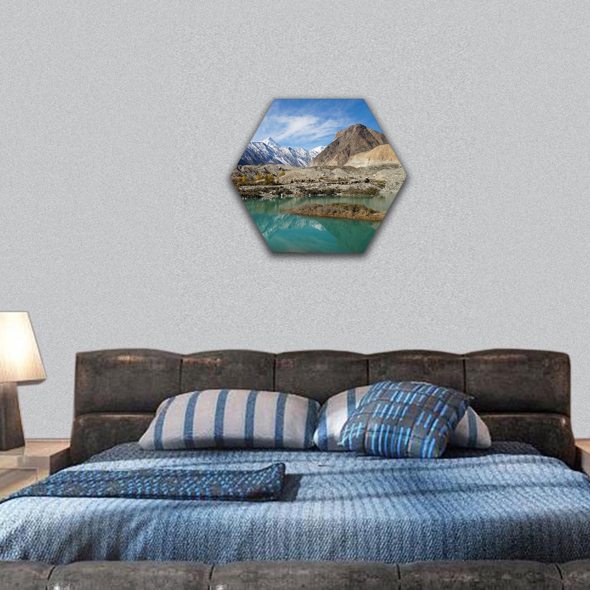 Beautiful lake and mountains Pakistan hexagonal canvas wall art