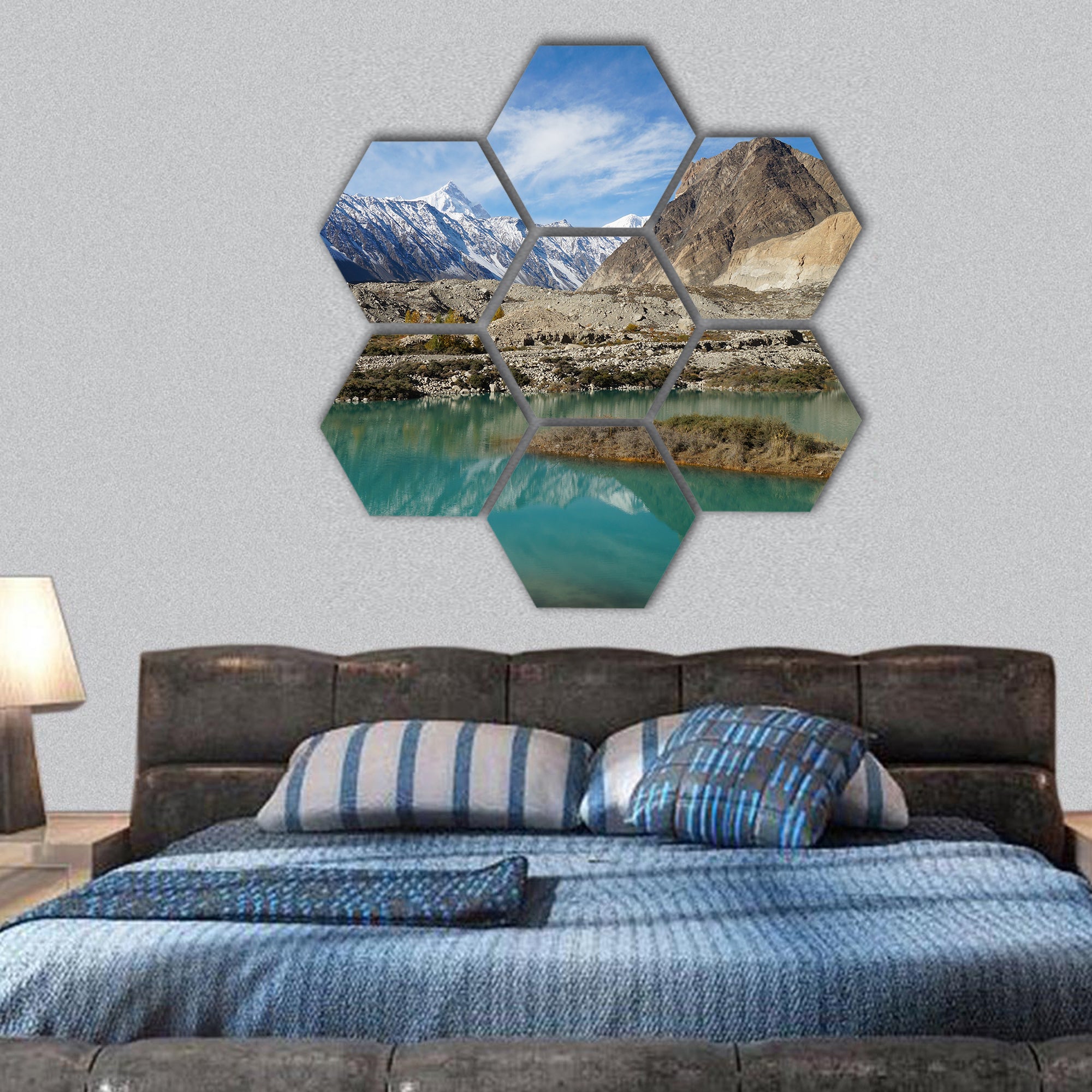 Beautiful lake and mountains Pakistan hexagonal canvas wall art