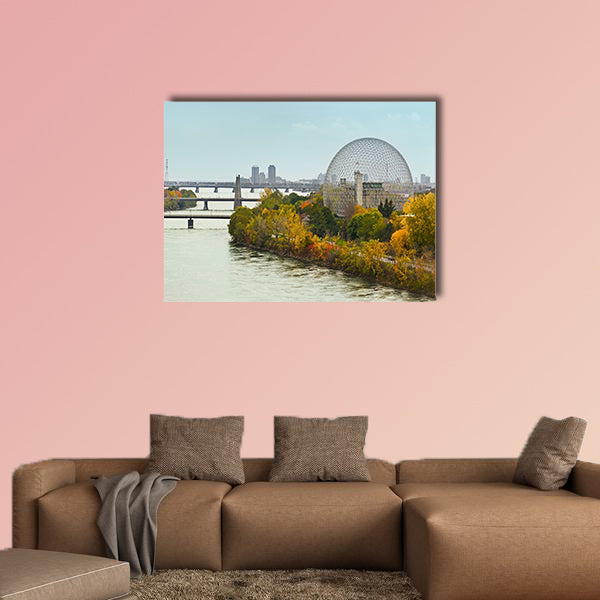 Montreal bridges over St.Laurence river in autumn Multi panel canvas wall art