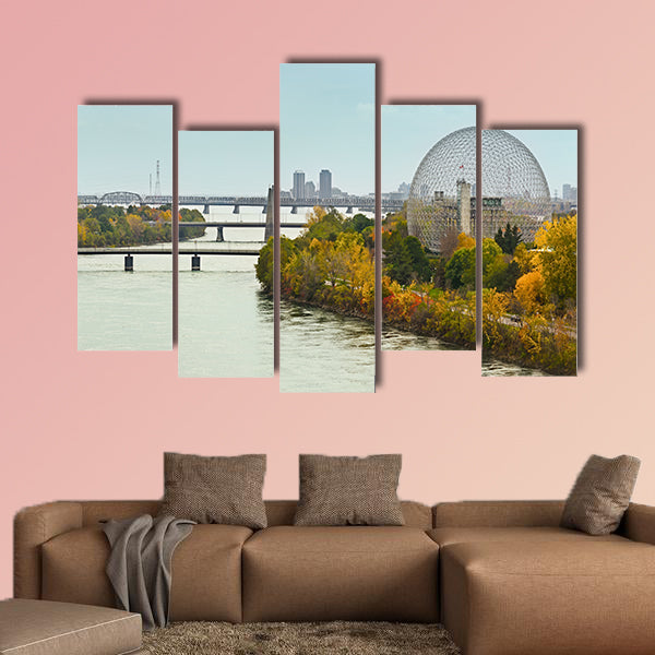 Montreal bridges over St.Laurence river in autumn Multi panel canvas wall art