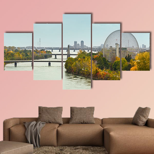 Montreal bridges over St.Laurence river in autumn Multi panel canvas wall art