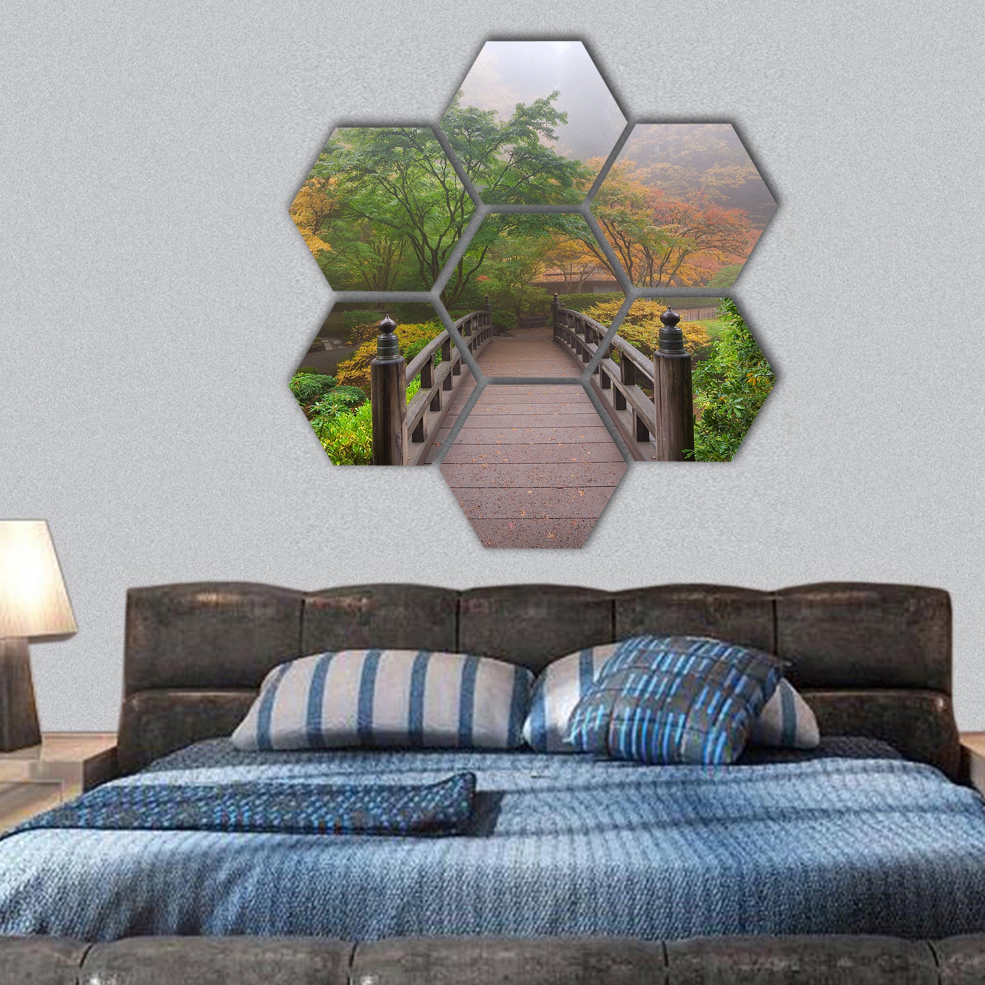 Moon Bridge in Autumn at Portland Japanese Garden hexagonal canvas wall art