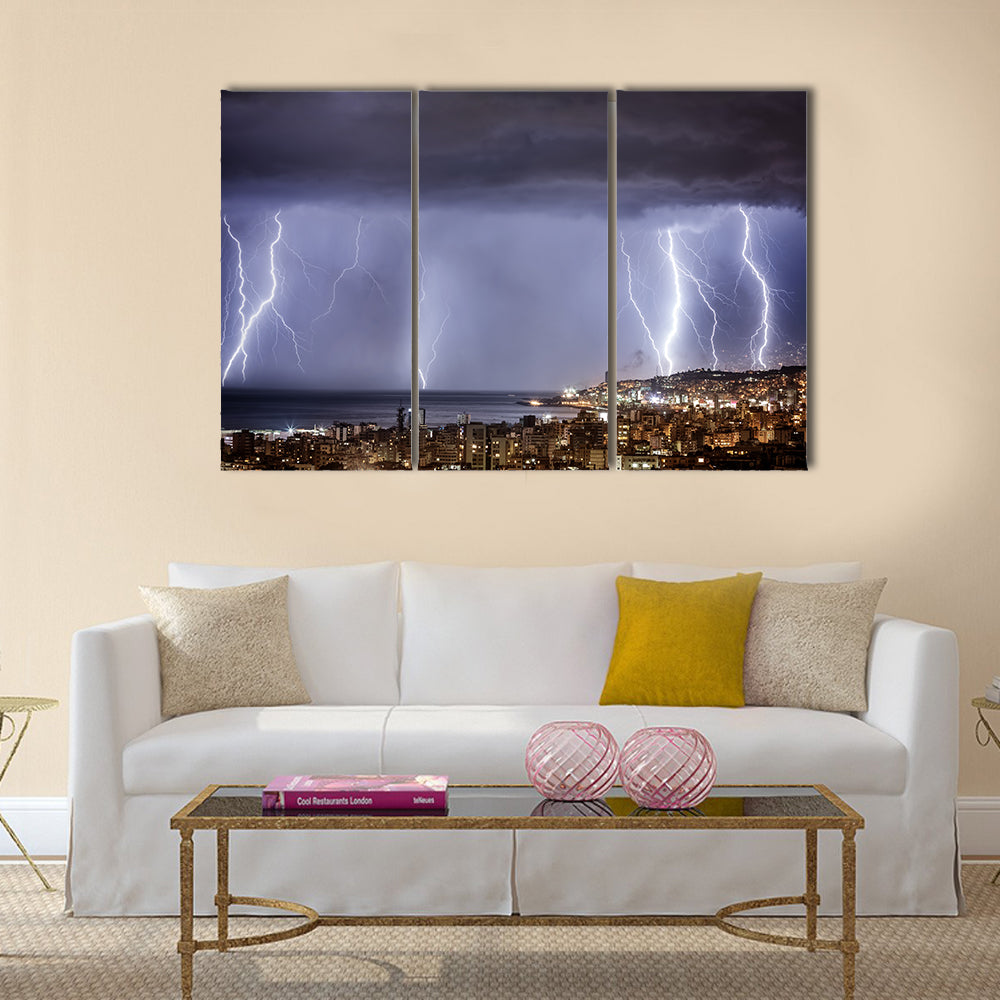 Night cityscape with strong lightning Multi Panel Canvas Wall Art