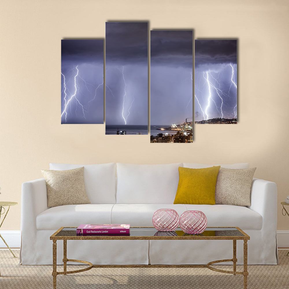 Night cityscape with strong lightning Multi Panel Canvas Wall Art