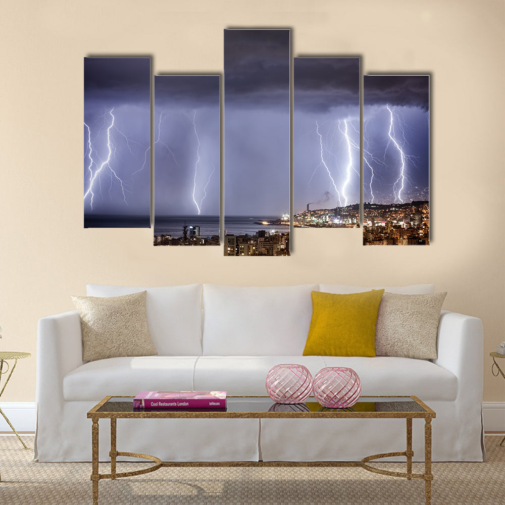 Night cityscape with strong lightning Multi Panel Canvas Wall Art