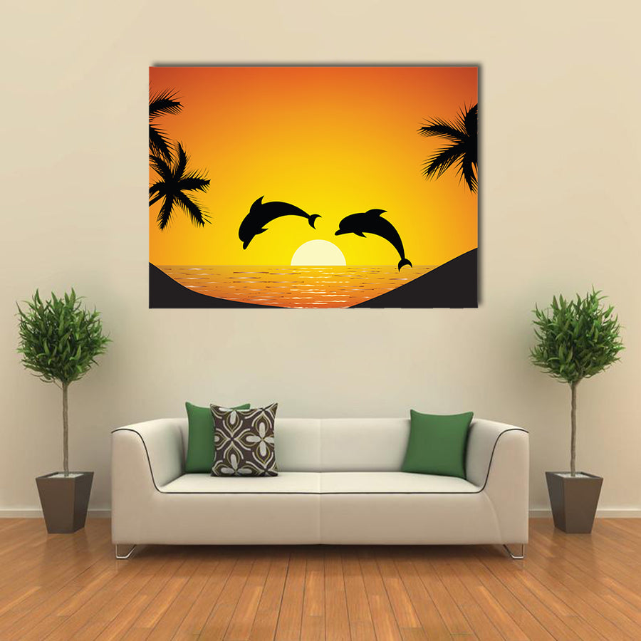 Dolphin jumping up from the Ocean at Sunset Multi Panel Canvas Wall Art