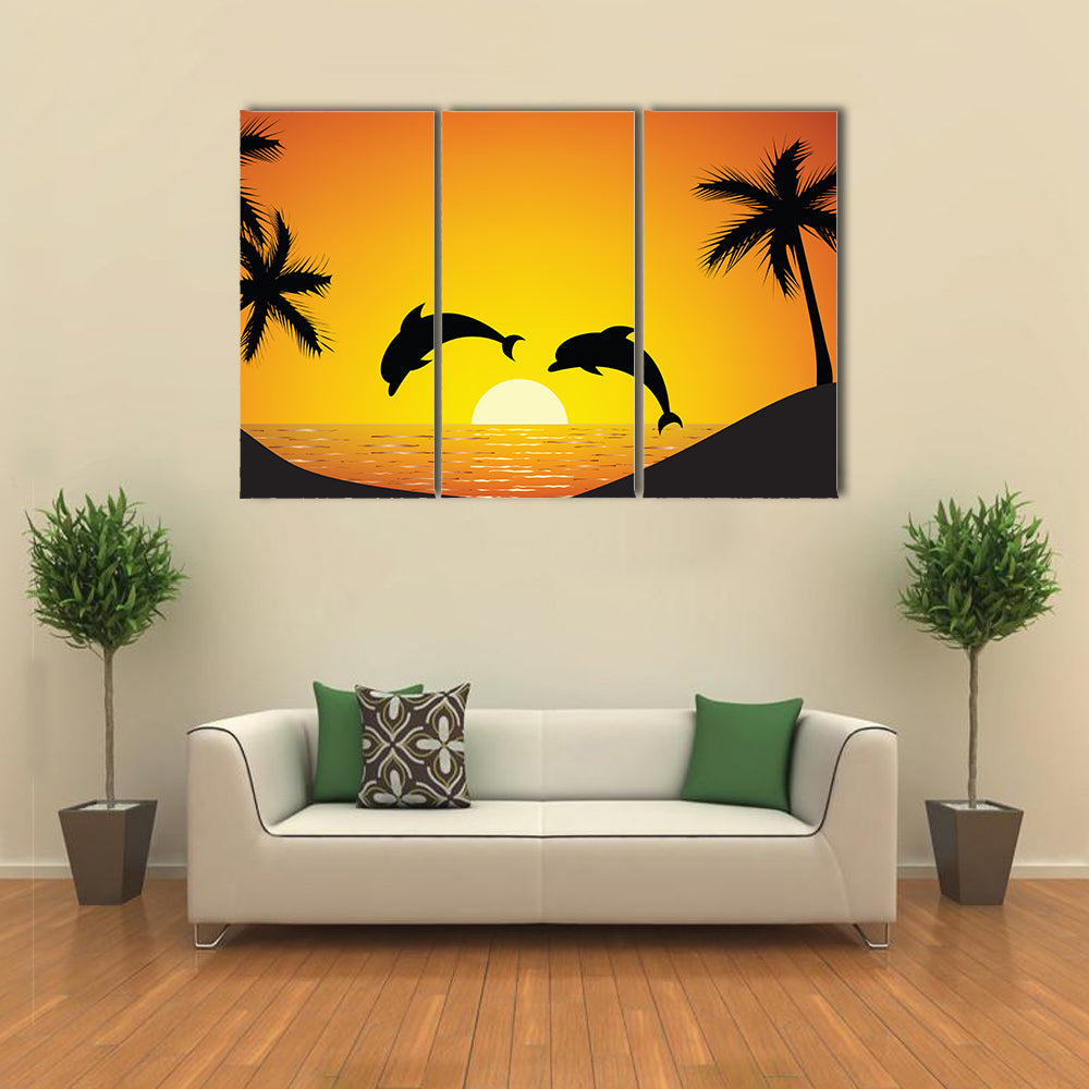 Dolphin jumping up from the Ocean at Sunset Multi Panel Canvas Wall Art