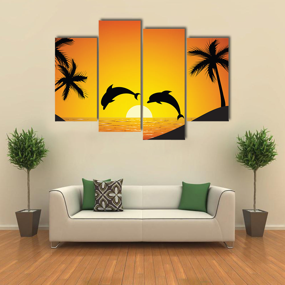Dolphin jumping up from the Ocean at Sunset Multi Panel Canvas Wall Art