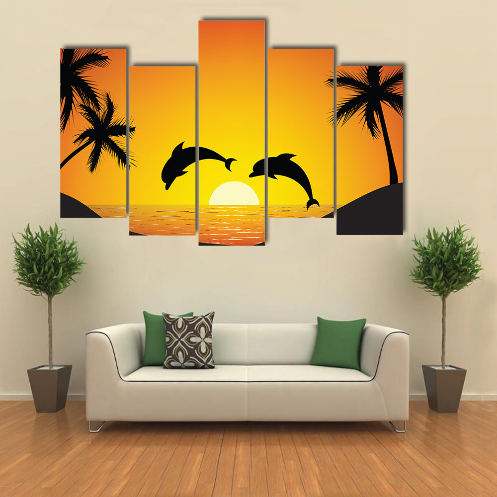 Dolphin jumping up from the Ocean at Sunset Multi Panel Canvas Wall Art