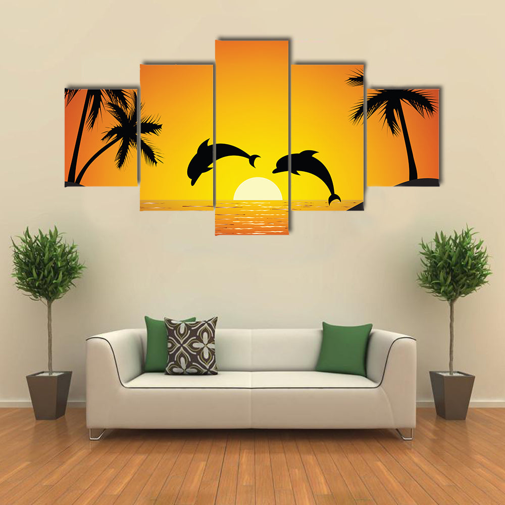 Dolphin jumping up from the Ocean at Sunset Multi Panel Canvas Wall Art