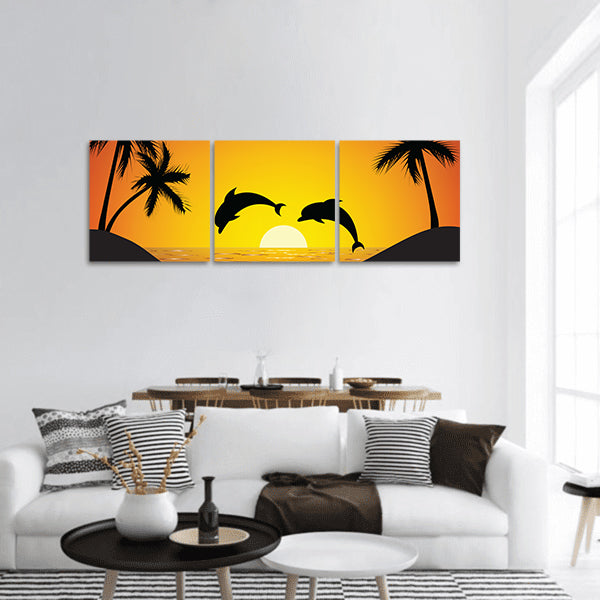 Dolphin jumping up from the ocean at sunset panoramic canvas wall art