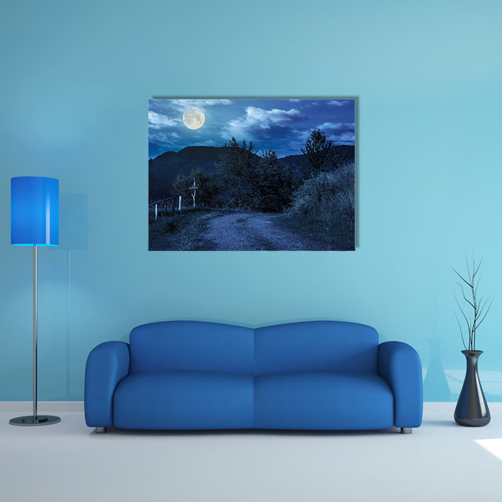Summer landscape With A Fence Near The Path On The Hillside In High Mountain At Night In Full Moon Multi Panel Canvas Wall Art