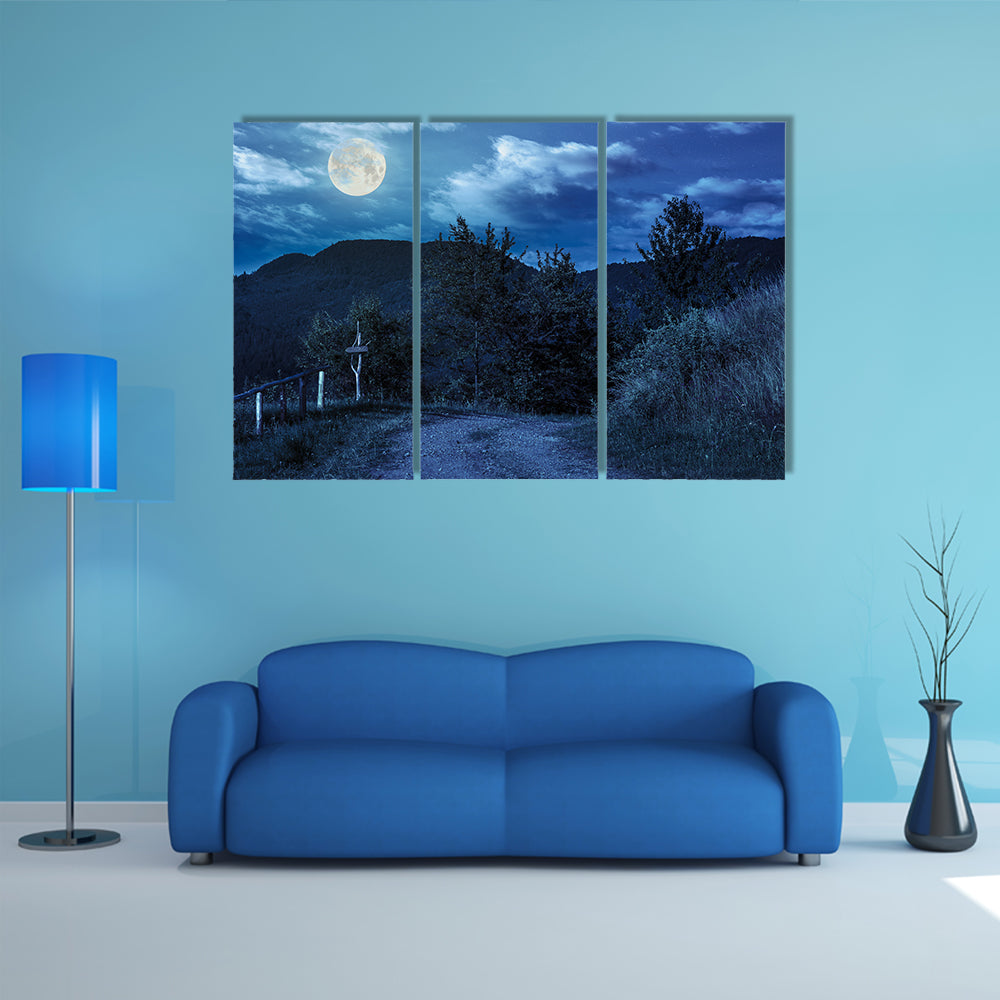 Summer landscape With A Fence Near The Path On The Hillside In High Mountain At Night In Full Moon Multi Panel Canvas Wall Art