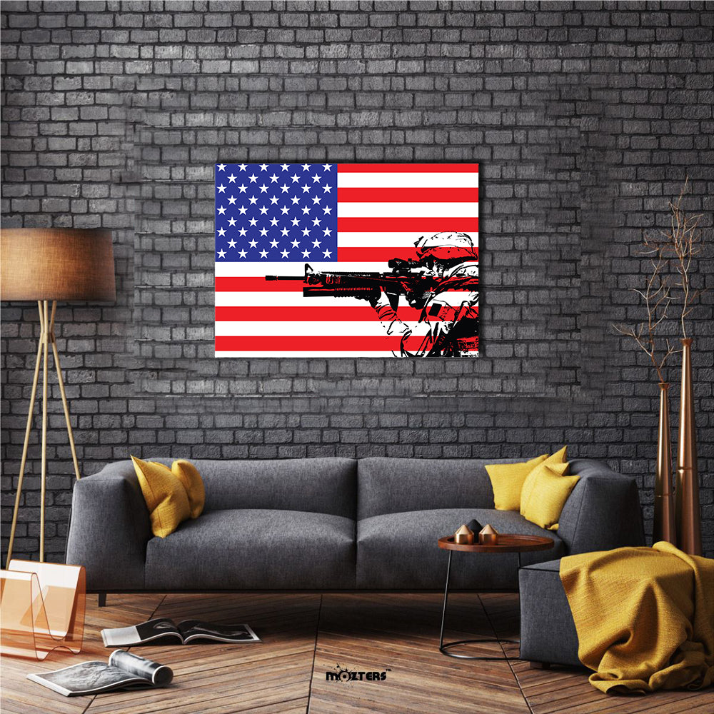 US Soldier Illustrating In Front Of The National FlagMulti Panel Canvas Wall Art