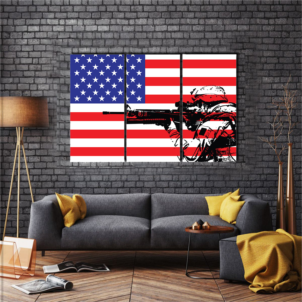 US Soldier Illustrating In Front Of The National FlagMulti Panel Canvas Wall Art