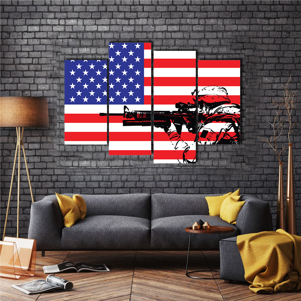 US Soldier Illustrating In Front Of The National FlagMulti Panel Canvas Wall Art